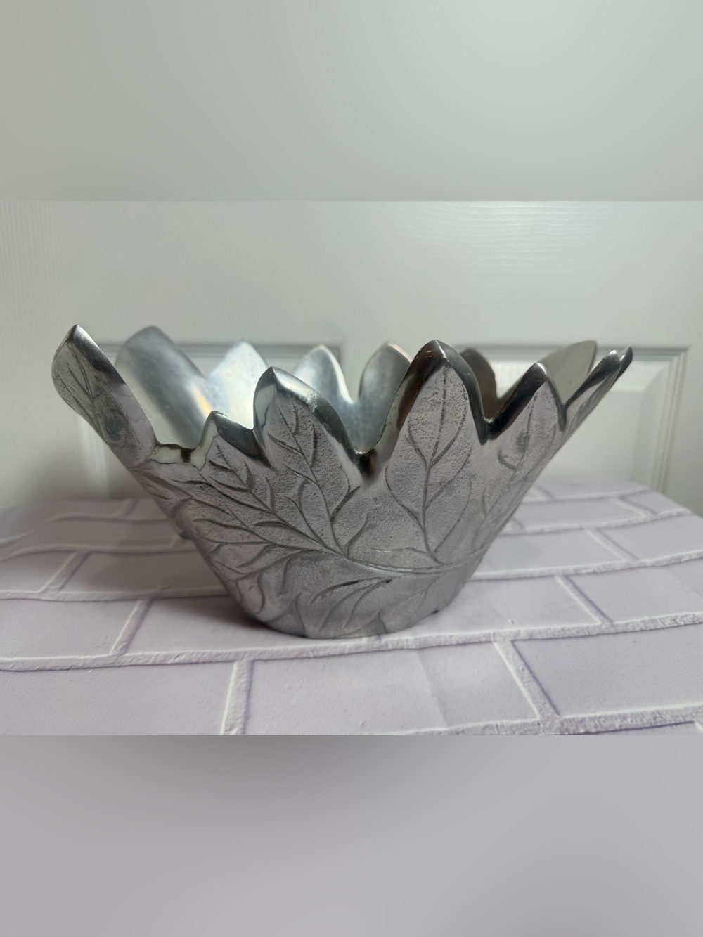 Pottery Barn Barona Silver Leaf Bowl Decorative Centerpiece 11” - Picture 7 of 13